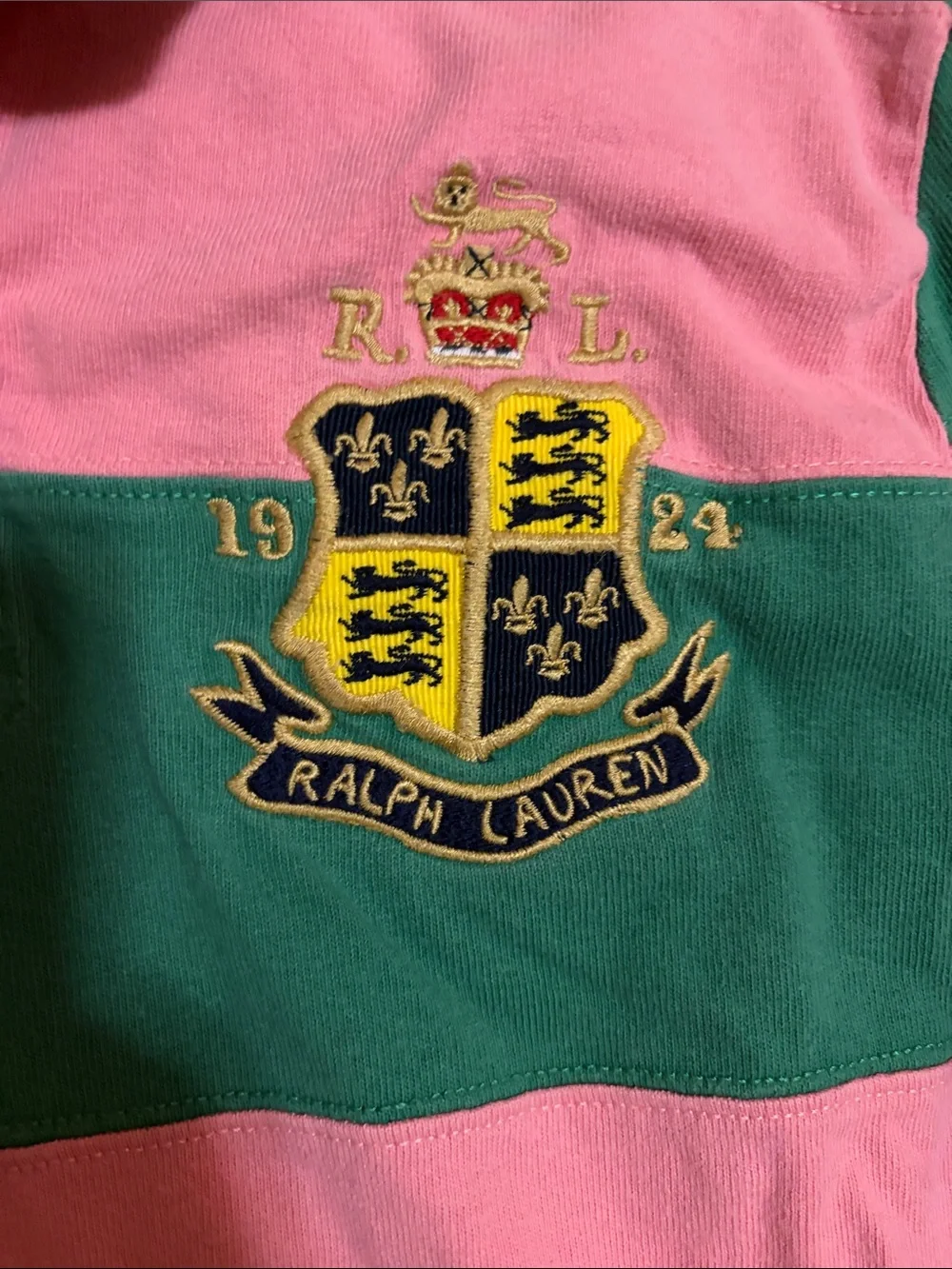 Polo by Ralph Lauren Men's/Unisex Green & Pink Striped Rugby Shirt Vintage 90s